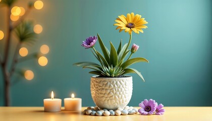 Potted plant with yellow flowers and purple buds, two lit candles, and blurred background with bokeh effect and turquoise wall. Greeting card or floral background with space for text