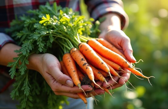 Close-up photo of fresh organic carrots in woman hands. Bunch of orange vegetables from garden with green tops. Natural healthy food, summer harvest, farm, cooking ingredient.