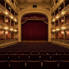 Theatre interior with stage and rows of comfortable seats