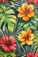 Vivid Floral Pattern Featuring Hibiscus and Tropical Leaves Design