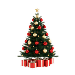 beautifully decorated Christmas tree adorned with red and gold ornaments stands surrounded by wrapped gifts, evoking festive and joyful holiday spirit