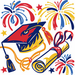  Vibrant graduation cap and diploma set against dazzling fireworks, symbolizing academic achievement and celebration