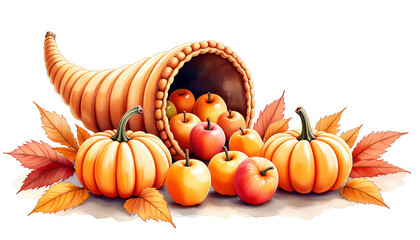 Cornucopia with pumpkins, apples and autumn leaves on white background, thanksgiving harvest illustration