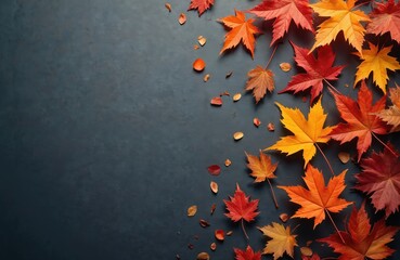 Autumn leaves on dark background top view with copy space. Red yellow orange foliage. Season greetings design. Fall mood. Fall season. Nature, decor concept for autumn harvest, thanksgiving day.