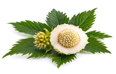 Fresh Green Leaves with Delicate Flower and Seed Pod Isolated