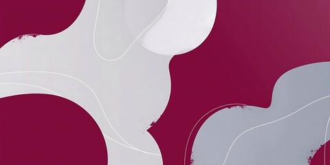 An abstract background featuring soft, wavy, fluid shapes in shades of white and gray, overlaid with subtle lines, against a deep magenta or burgundy backdrop.