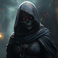 Dark hooded grim reaper with glowing red eyes in a foggy atmospheric background fantasy horror character concept
