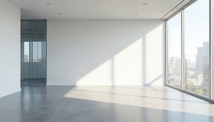 Obraz premium Empty modern office interior with white walls, large windows, city view. Sunny day light shadows on grey floor. Minimalist design, blank space for business, finance, marketing. 3D rendering of new