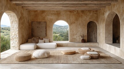 Fototapeta premium Serene Minimalist Interior Design with Earthy Tones and Tranquil Views