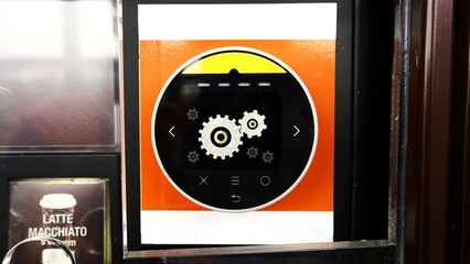Payment terminal icon showing gears, symbolizing digital card payment processing and secure...