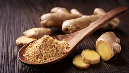 Ginger root and ginger powder in a spoon close up