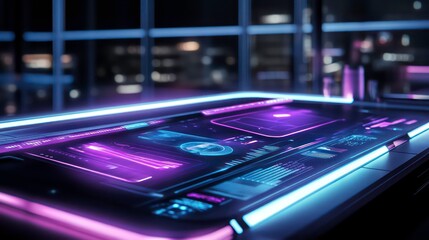 Obraz premium Futuristic interactive table with holographic display showing data, graphs, and icons in a modern office at night.