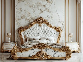 Luxurious Bedroom: Marble and Gold Adornments. Exquisite bed with gilded frame and plush bedding for the ultimate rest and relaxation.