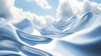 Serene landscape of soft, undulating blue waves under a bright sky with fluffy clouds