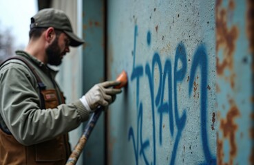 Man removes graffiti with cleaning tool from rusty wall. Worker wearing cap, gloves, overalls. Blue paint, urban exterior, vandalism cleanup. Construction, repair, renovation job at city street.