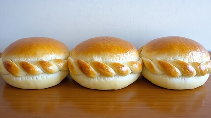 Freshly Baked Soft Breads with Golden Brown Crusts on Wooden Table