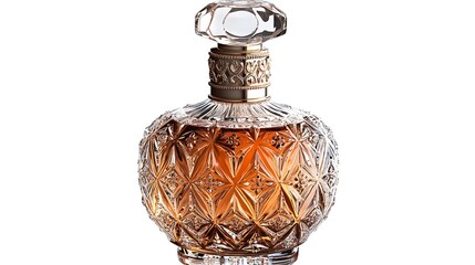 Elegant Glass Perfume Bottle With Intricate Detailing On A White Background