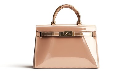 Elegant Nude Patent Leather Handbag With Gold Hardware On White Background