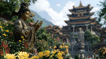 Golden Statue Kneeling Amidst Yellow Flowers with a Temple and Mountains in Background