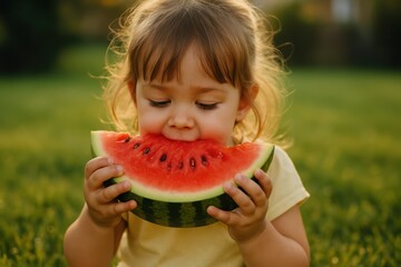 A sweet little girl bites into a large slice of juicy watermelon outdoors. Concept of summer.