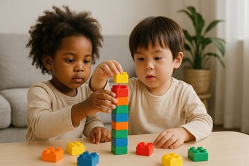 Two children of different ethnicities work together to build a colorful tower with blocks, potentially illustrating inclusive education or therapy for autism. Concept of autism rights movement. 