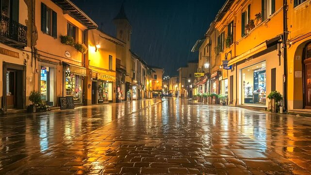 Biella, Italy, April 11, 2018, heavy rain, nighttime, main street, Tavigliano, glistening reflections, wet pavement