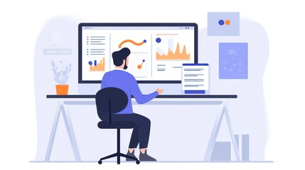 Man analyzing data on large computer screen at desk.