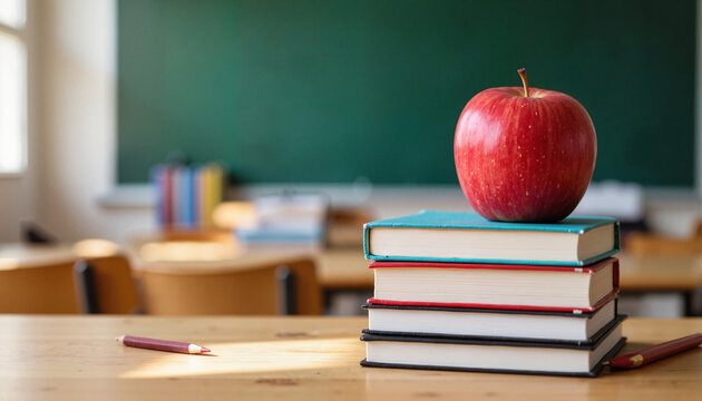 Red apple resting on stacked books in a classroom setting  