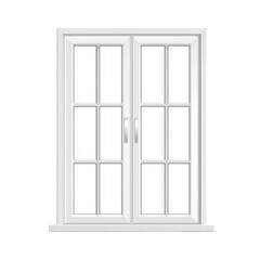 white double pane window with grid design and two handles, set against transparent background, conveys clean and modern aesthetic