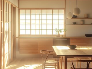 Sunlit Dining Area: A minimalist dining space with wooden furniture, soft lighting, and a Japanese-inspired shoji screen window.