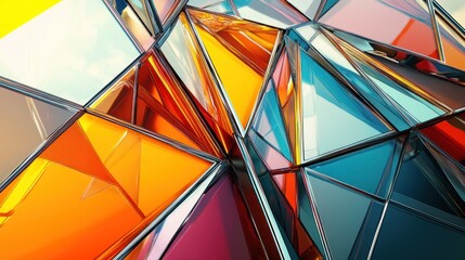 Abstract colorful glass geometric shapes, vibrant polygonal structure, reflective surfaces.