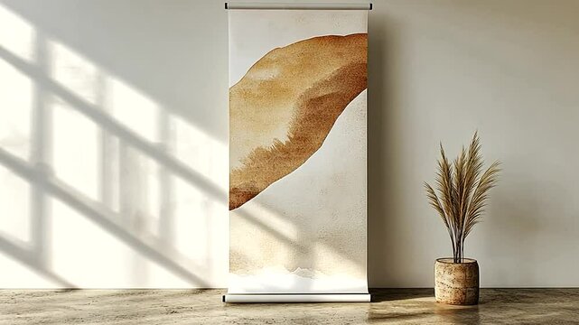 Abstract art print mockup, studio room, sunlight, pampas grass, interior design