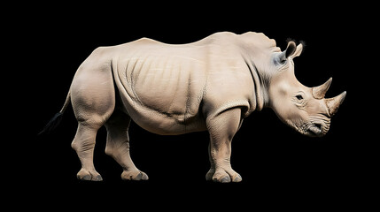Obraz premium Isolated White Rhino Profile Against Black Background Showing Textured Skin and Prominent Horns
