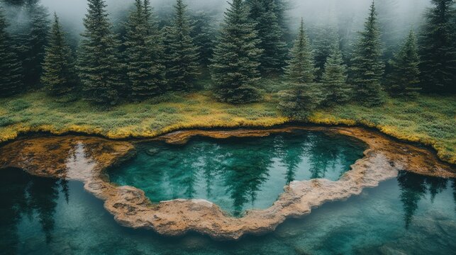 Tranquil alpine lake nestled within a misty coniferous forest.  Crystal-clear water reflects the surrounding trees