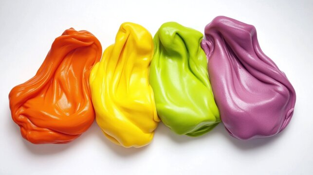 Four colorful blobs of modeling clay in orange, yellow, green, and purple, arranged in a row on a white background.