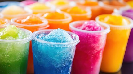 Colorful frozen drinks in plastic cups.
