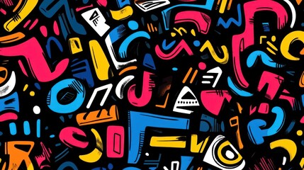 Abstract colorful shapes and doodles pattern on black background.
