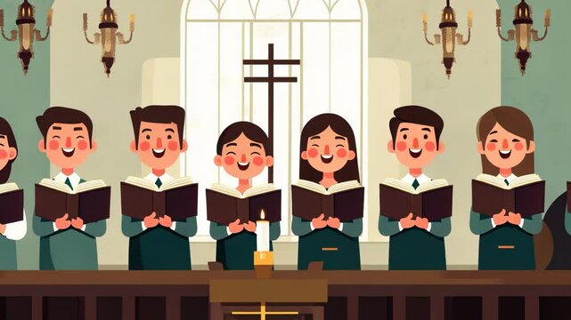 Cartoon Vector Illustration of a Church Choir Team with Kids 