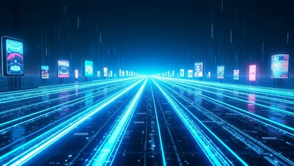 Futuristic digital highway neon lights metaverse virtual reality cyberspace technology concept art render