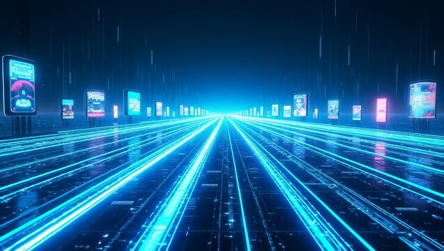 Futuristic digital highway neon lights metaverse virtual reality cyberspace technology concept art render
