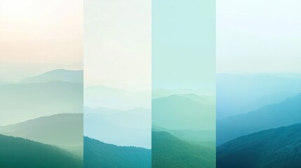 Four vertical panels showing a hazy mountain range in varying shades of blue and green.