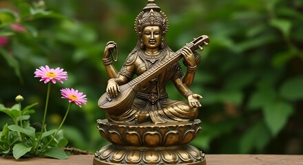 Fototapeta premium Bronze Saraswati statue with veena and vibrant pink daisies composition