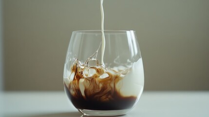 Milk pouring into coffee in a glass.