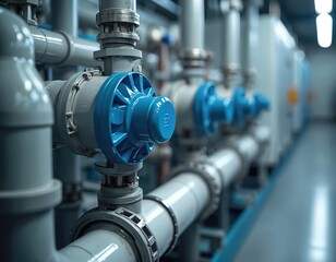 Close-up shot industrial osmotic plant with pipes valves. Fine water purification in progress. Blue, white color scheme tech, modern facility. Water treatment system, beverage production, clean