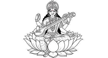 Serene Goddess Saraswati Line Art Illustration on Lotus Flower Iconography