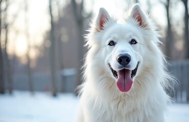 Fototapeta premium Portrait white Scottish sheepdog in winter park. Dog breathes with tongue out. Fluffy, adorable pet enjoys cold season. Winter landscape background, happy face. Doggy smiles, looking camera.