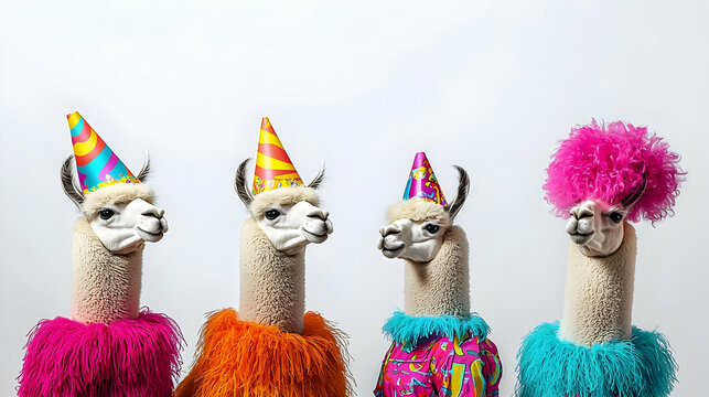 Four Llamas Dressed In Festive Colorful Outfits With Party Hats