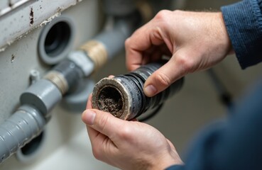 Repairman hands holding clogged washing machine drain pipe. Plumber examines plumbing element, checks limescale, dirt, looking for damage. Maintenance of plumbing system, washing machine. Home