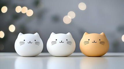 Three Cute Cat Figurines on White Surface with Bokeh Background