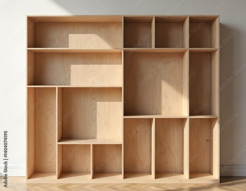 Poster Minimalist wooden display shelf with multiple empty compartments. Clean lines against light wood backdrop. Contemporary home decor interior design. Ideal for creative organization, storage solutions.